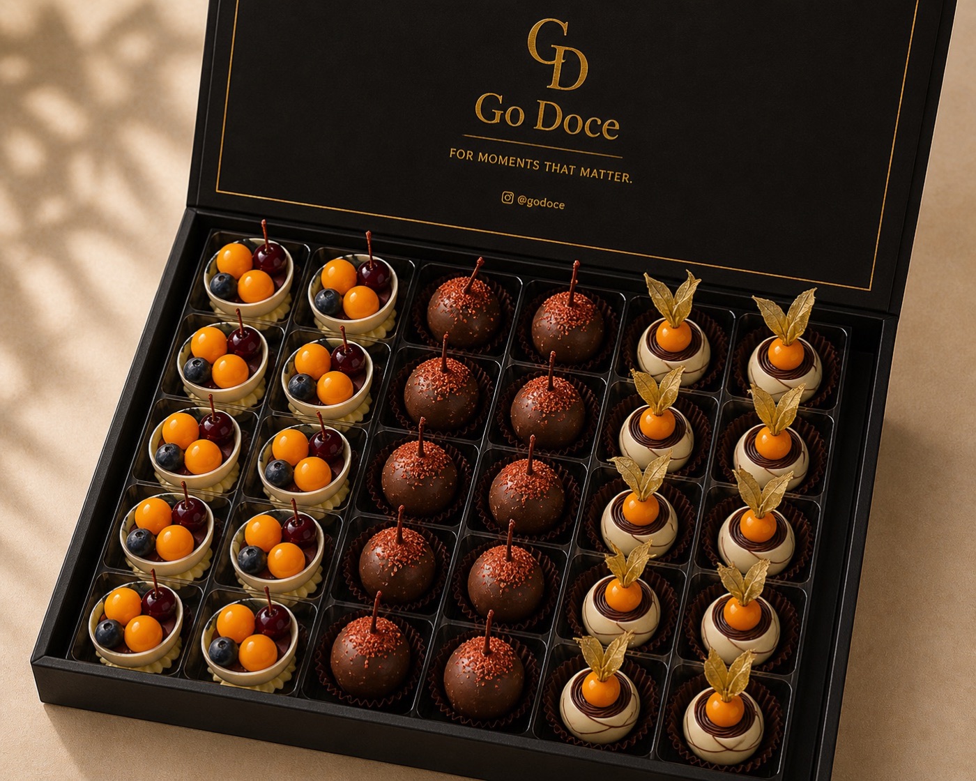 Boxed assortment of petits fours in chocolate cases