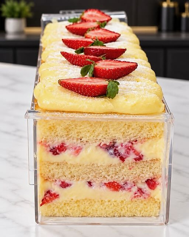 Layered sponge slice with cream and fresh strawberries
