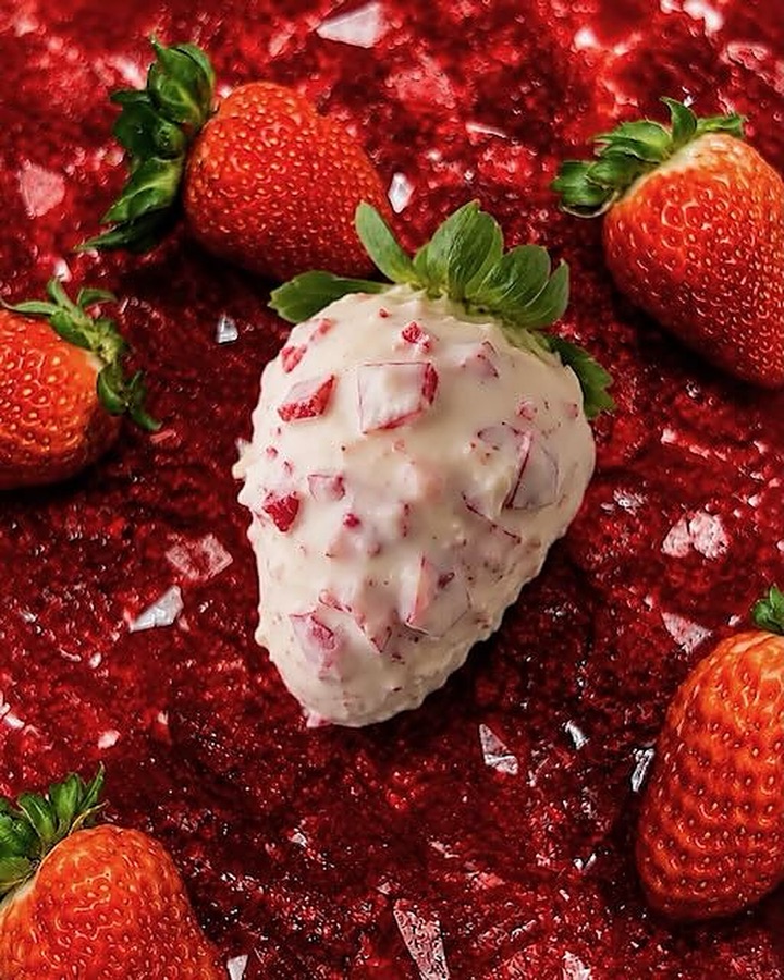 Strawberry coated in a crunchy strawberry crust, on red