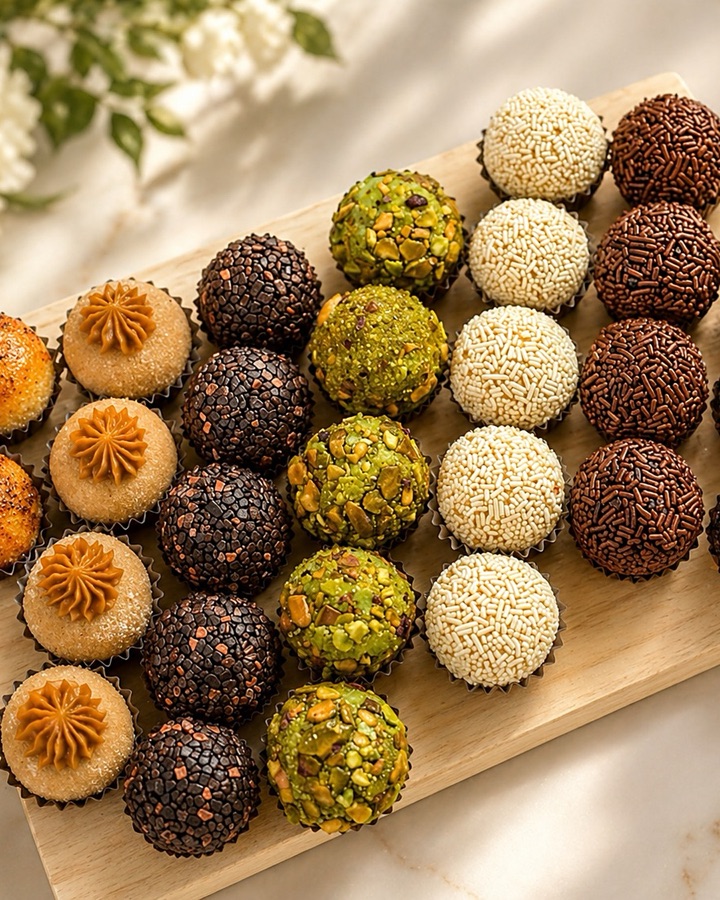 Rows of hand-rolled chocolate truffles in dark chocolate, coconut and pistachio coatings